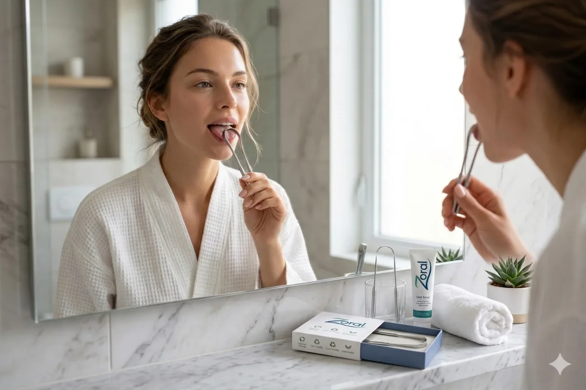 Zoral tongue scraper in use